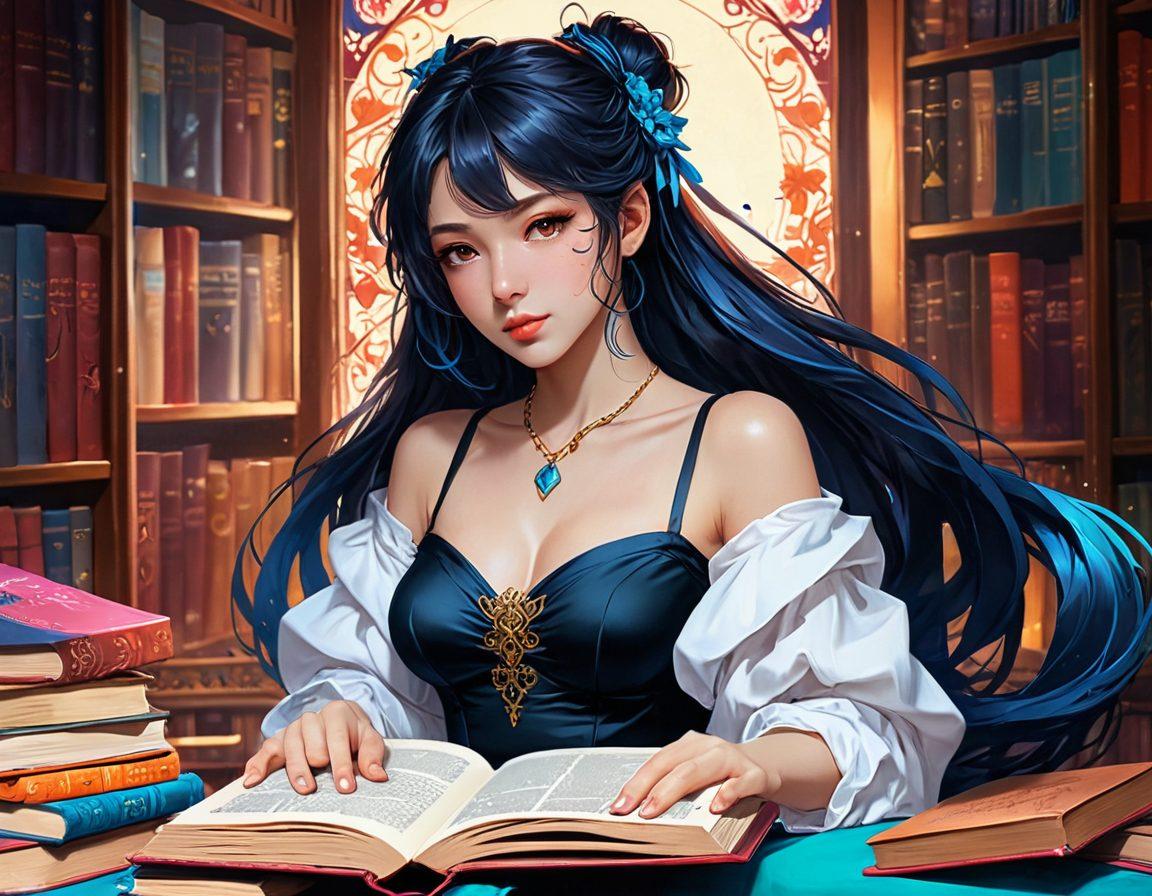 A captivating artwork depicting a sensual anime character, intertwined with elements of storytelling such as vibrant books and ink, surrounded by a dreamy, ethereal background. The character should exude confidence and allure, with intricate details that highlight their personality. Incorporate symbols of adult culture subtly woven into the scene. The color palette should be vivid and alluring, drawing the viewer into a world where eroticism and narrative collide. vibrant colors. digital painting.
